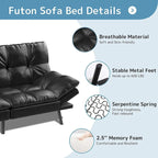 Canapé-lit futon convertible avec mousse à mémoire de forme, accoudoirs réglables et revêtement en cuir PU