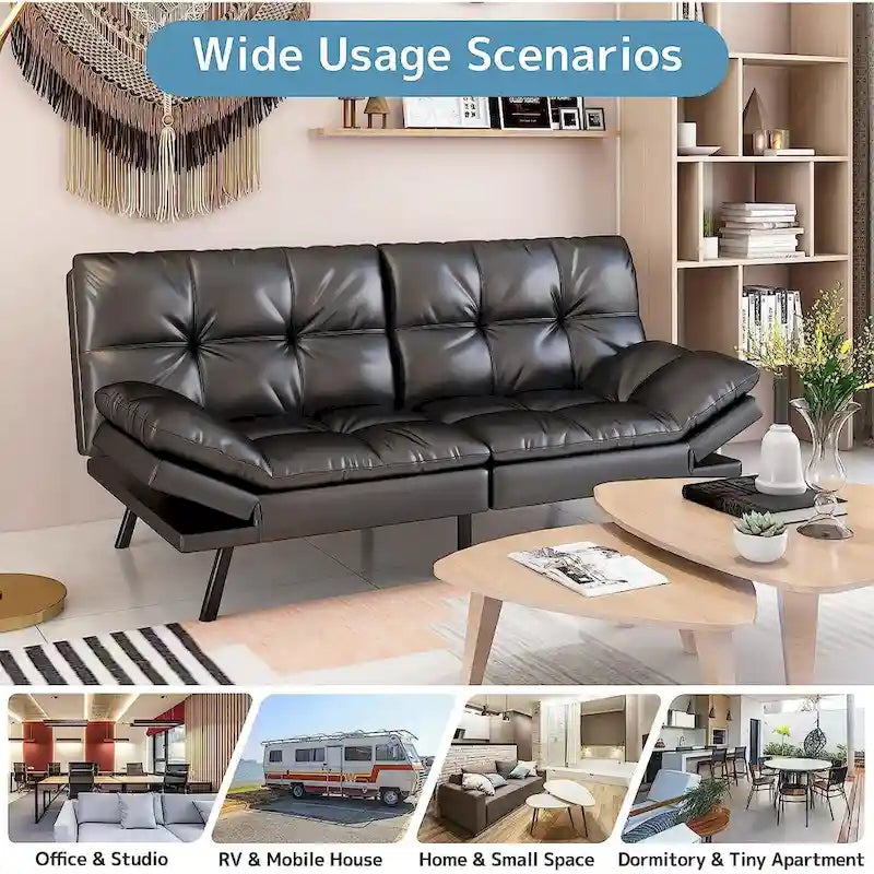 Canapé-lit futon convertible avec mousse à mémoire de forme, accoudoirs réglables et revêtement en cuir PU