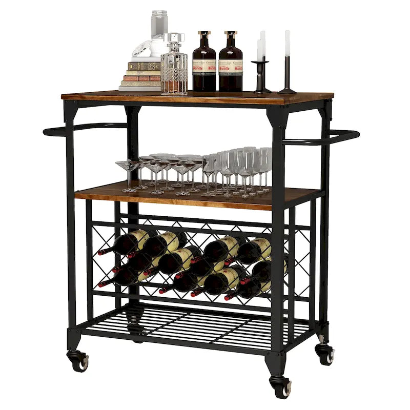 Desserte roulante de bar avec casier à vin et étagères de rangement
