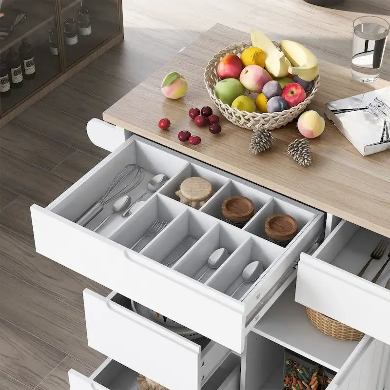 Îlot de cuisine roulant de 53 po avec 8 tiroirs et étagère réglable