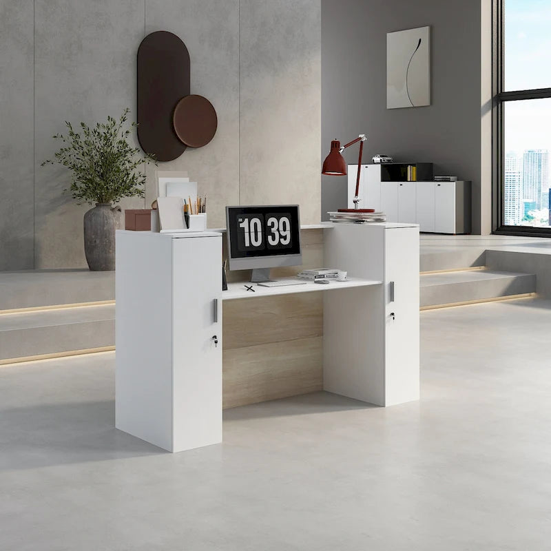 Banque d'accueil en L avec étagères de rangement réglables – Texture bois