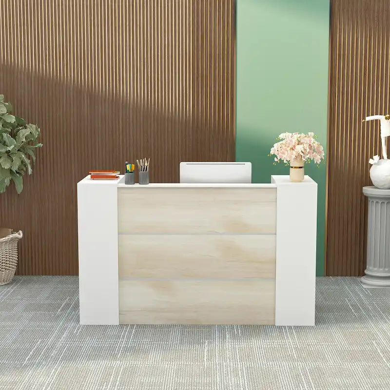 Banque d'accueil en L avec étagères de rangement réglables – Texture bois