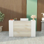 Banque d'accueil en L avec étagères de rangement réglables – Texture bois