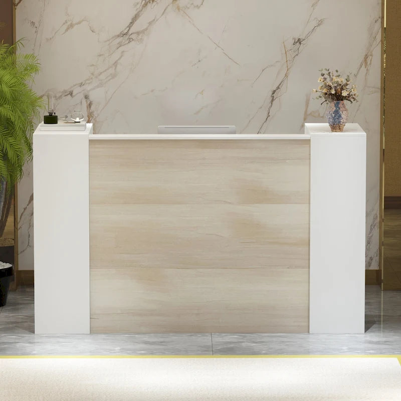 Banque d'accueil en L avec étagères de rangement réglables – Texture bois