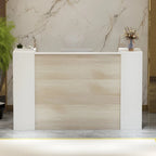 Banque d'accueil en L avec étagères de rangement réglables – Texture bois