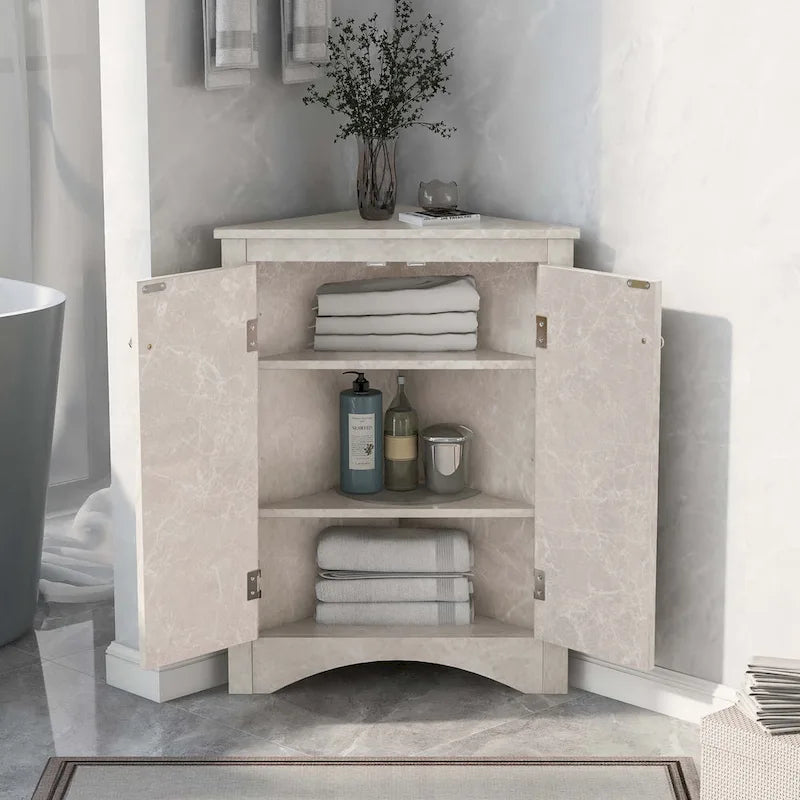 Meuble d'angle de salle de bain triangulaire avec étagères réglables