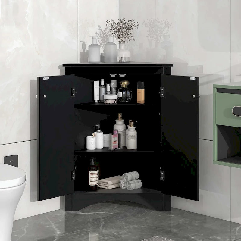 Meuble d'angle de salle de bain triangulaire avec étagères réglables