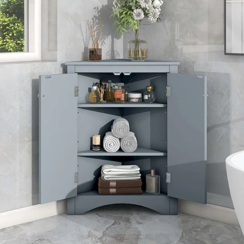 Meuble d'angle de salle de bain triangulaire avec étagères réglables