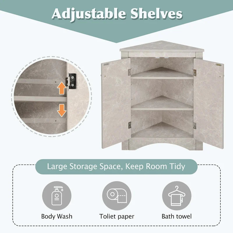 Meuble d'angle de salle de bain triangulaire avec étagères réglables