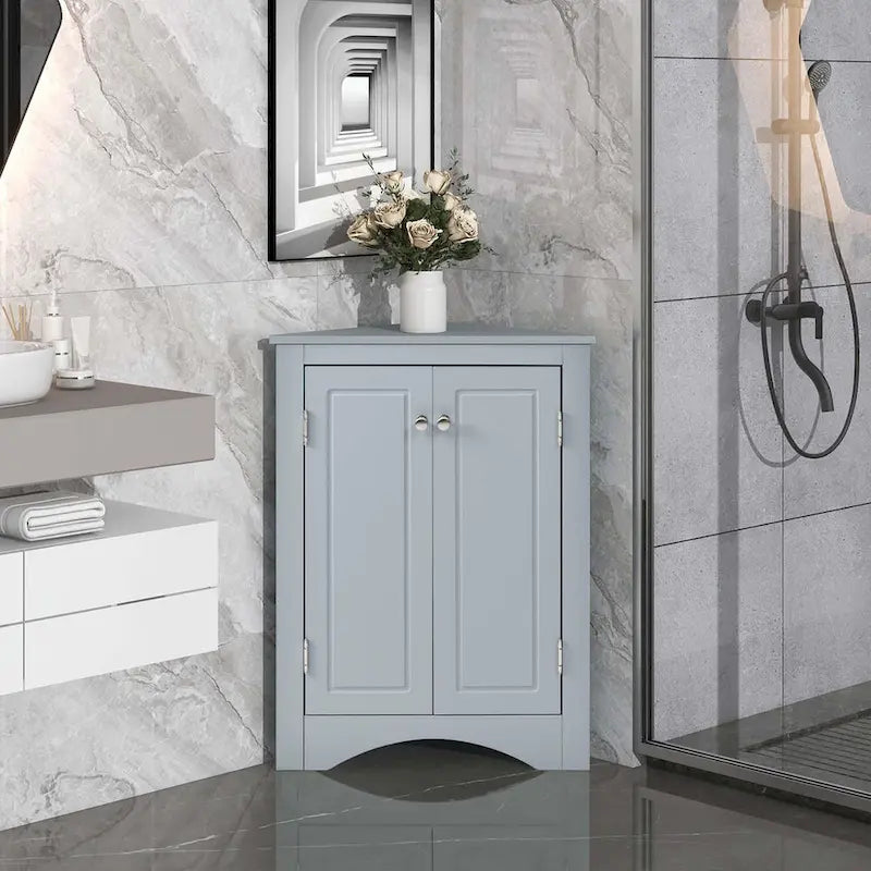 Meuble d'angle de salle de bain triangulaire avec étagères réglables