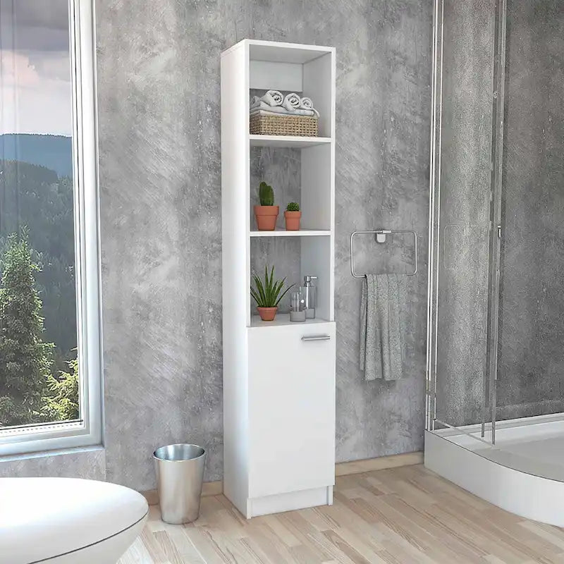 Meuble de rangement haut en lin avec étagères ouvertes et compartiment à porte