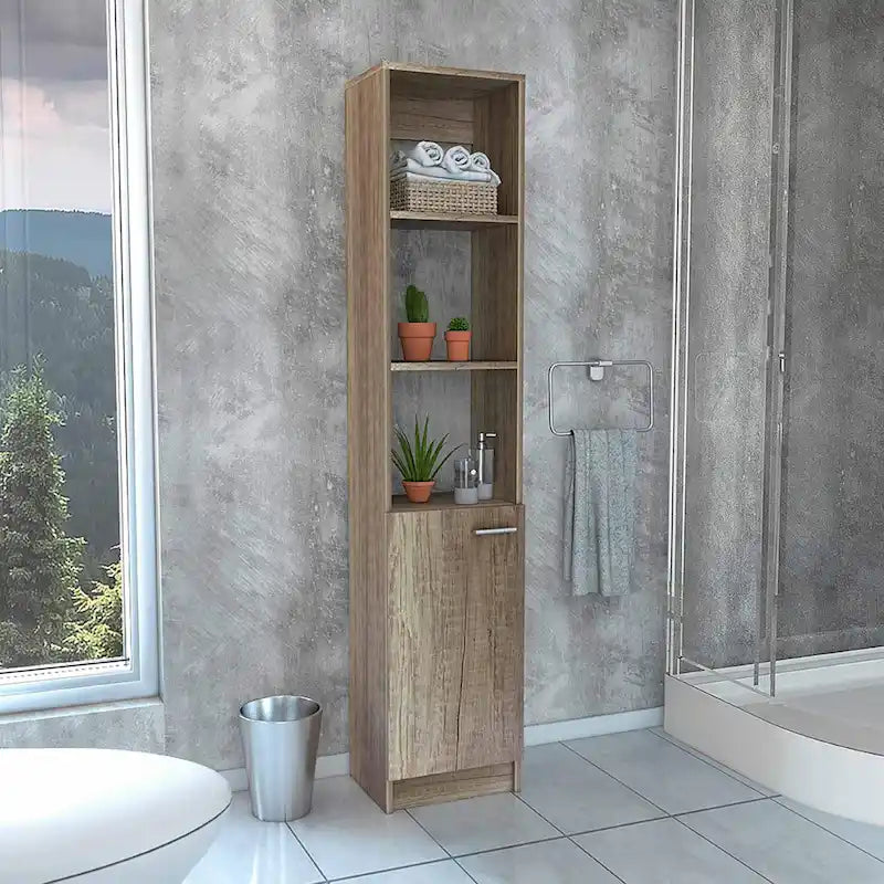 Meuble de rangement haut en lin avec étagères ouvertes et compartiment à porte