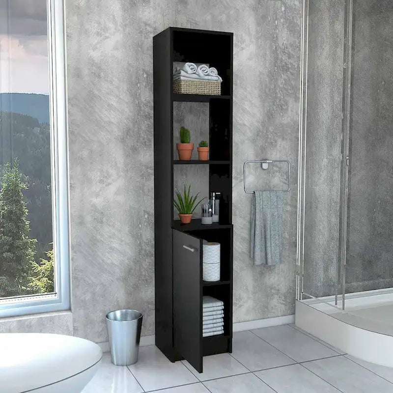 Meuble de rangement haut en lin avec étagères ouvertes et compartiment à porte