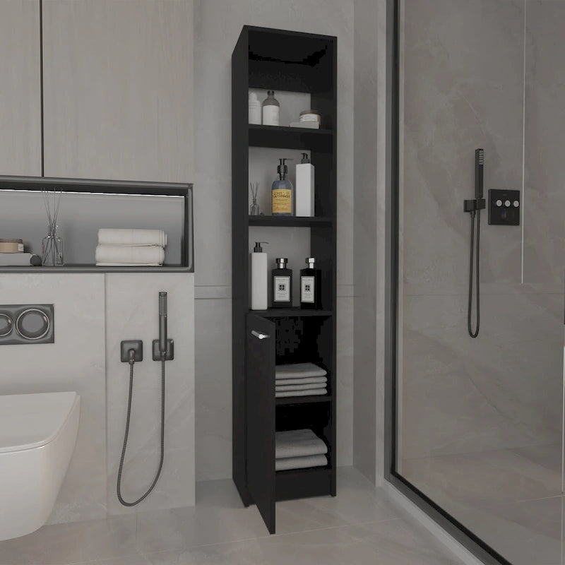 Meuble de rangement haut en lin avec étagères ouvertes et compartiment à porte