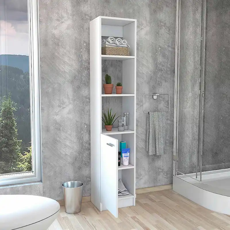 Meuble de rangement haut en lin avec étagères ouvertes et compartiment à porte