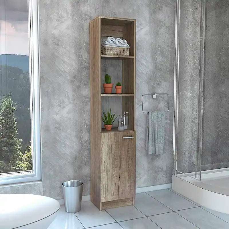 Meuble de rangement haut en lin avec étagères ouvertes et compartiment à porte