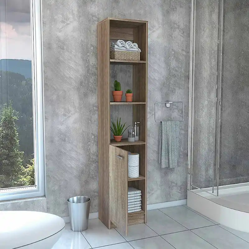 Meuble de rangement haut en lin avec étagères ouvertes et compartiment à porte