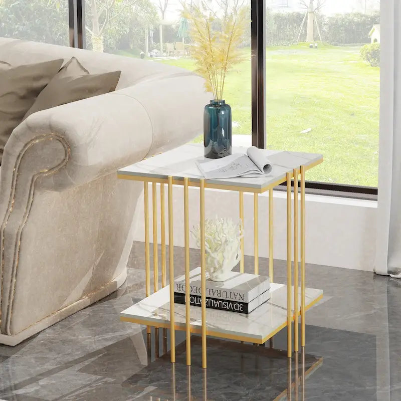 Table d'appoint carrée à 2 niveaux avec plateau en pierre frittée – Blanc et Or