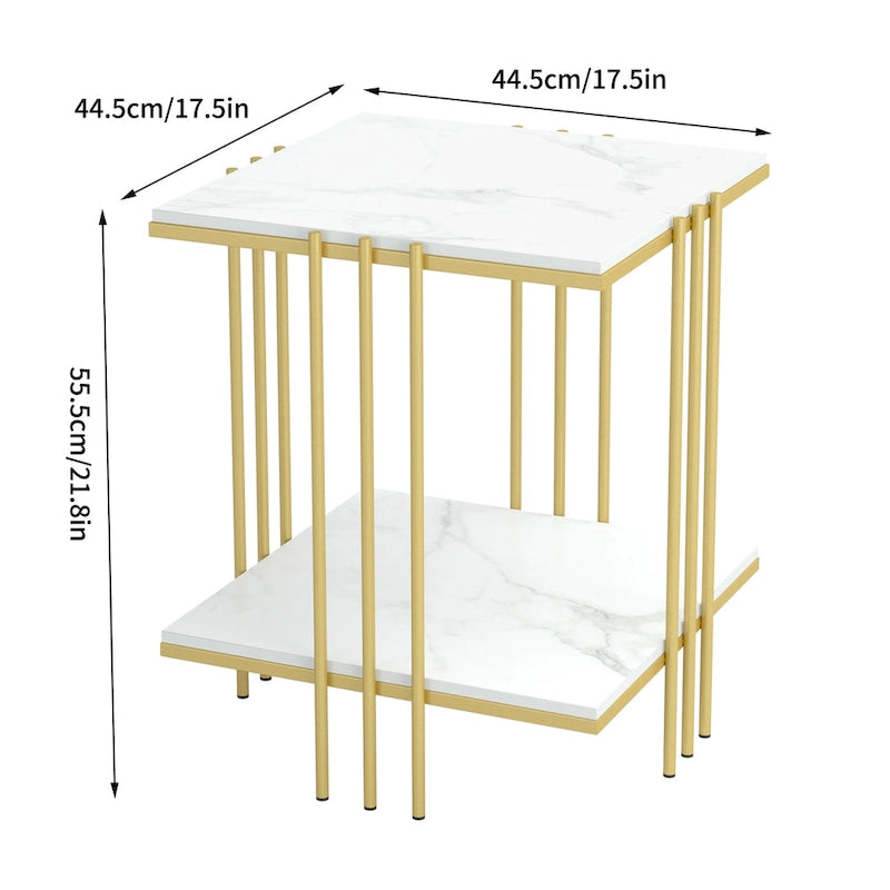 Table d'appoint carrée à 2 niveaux avec plateau en pierre frittée – Blanc et Or