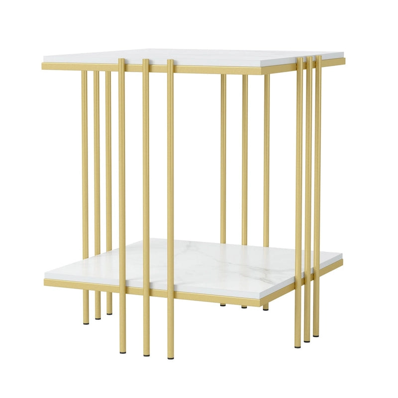 Table d'appoint carrée à 2 niveaux avec plateau en pierre frittée – Blanc et Or