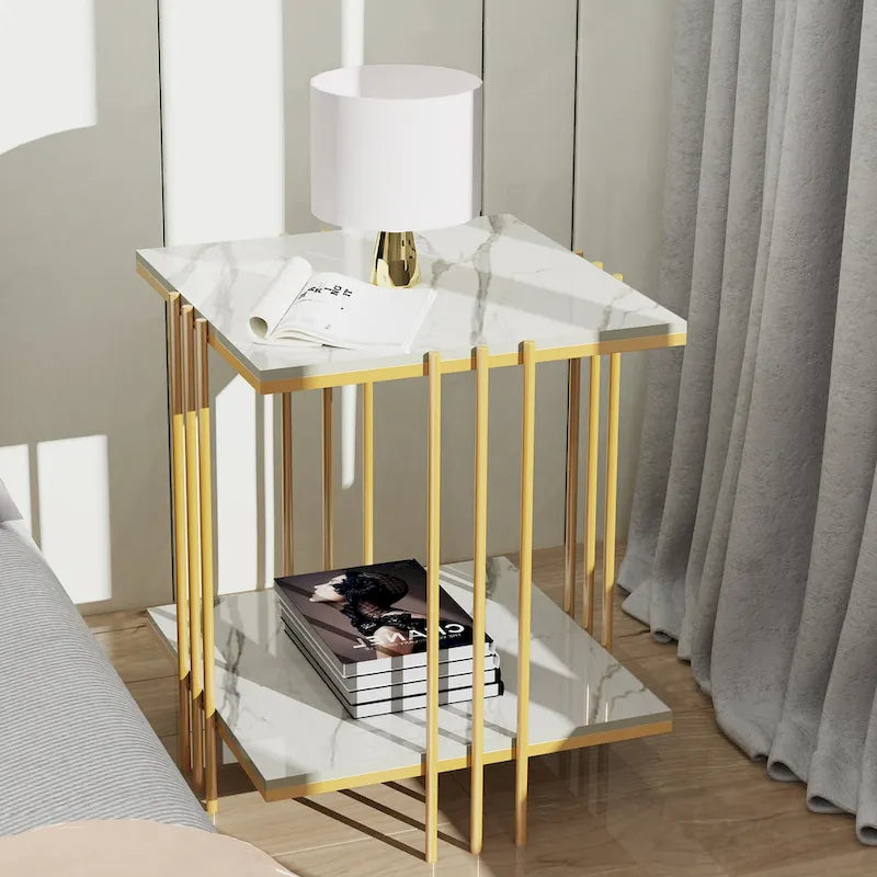 Table d'appoint carrée à 2 niveaux avec plateau en pierre frittée – Blanc et Or