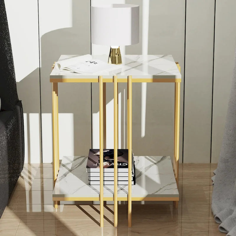 Table d'appoint carrée à 2 niveaux avec plateau en pierre frittée – Blanc et Or