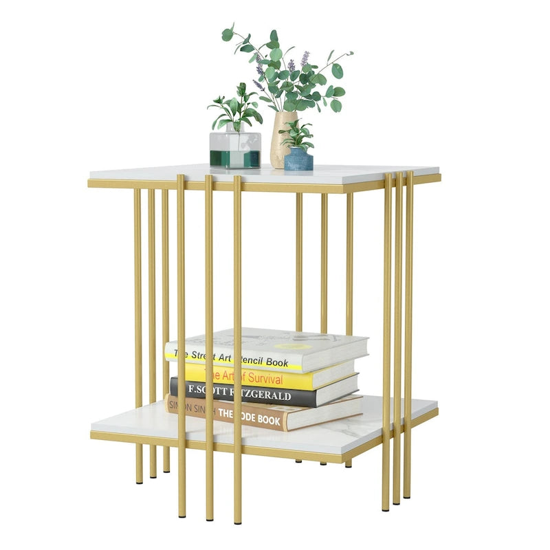 Table d'appoint carrée à 2 niveaux avec plateau en pierre frittée – Blanc et Or