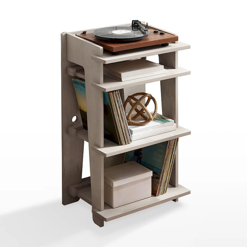 Meuble tourne-disque avec rangement multi-niveaux pour 200 vinyles, gestion des câbles et affichage des pochettes de disques