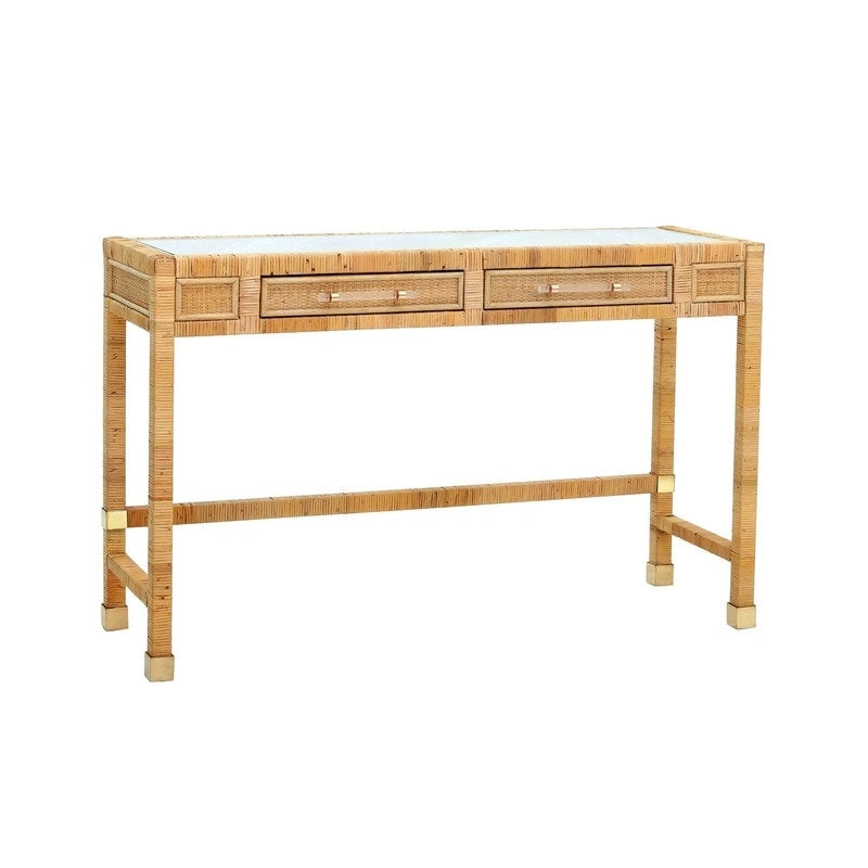 Bureau en rotin avec plateau en verre et tiroirs à fermeture douce
