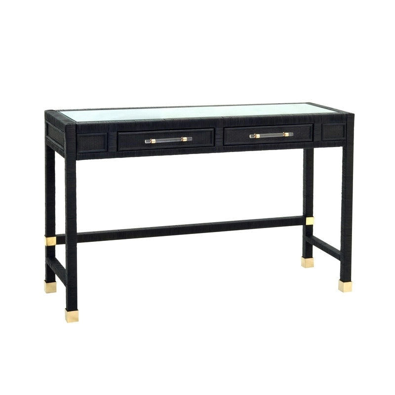 Bureau en rotin avec plateau en verre et tiroirs à fermeture douce