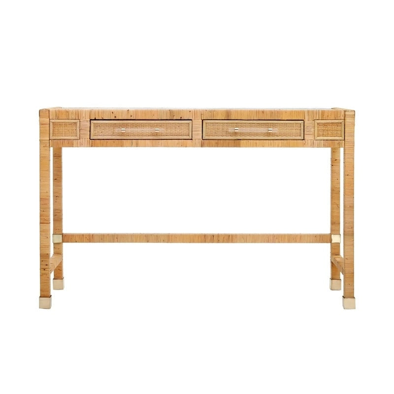 Bureau en rotin avec plateau en verre et tiroirs à fermeture douce