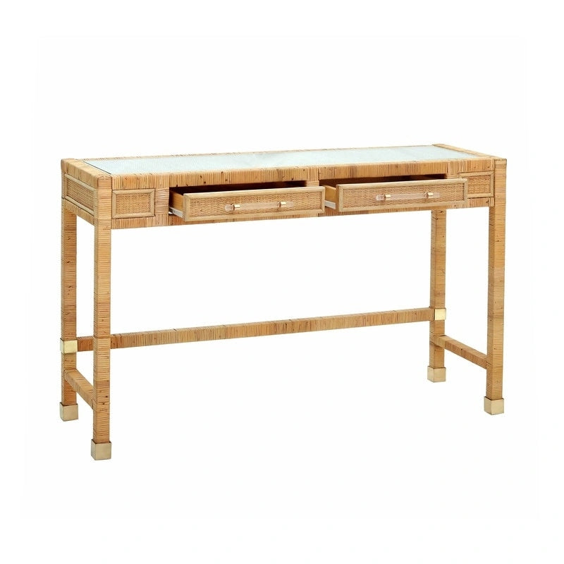 Bureau en rotin avec plateau en verre et tiroirs à fermeture douce