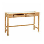 Bureau en rotin avec plateau en verre et tiroirs à fermeture douce
