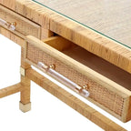Bureau en rotin avec plateau en verre et tiroirs à fermeture douce