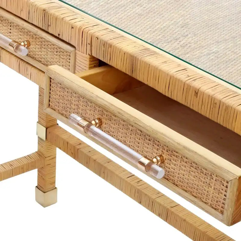 Bureau en rotin avec plateau en verre et tiroirs à fermeture douce
