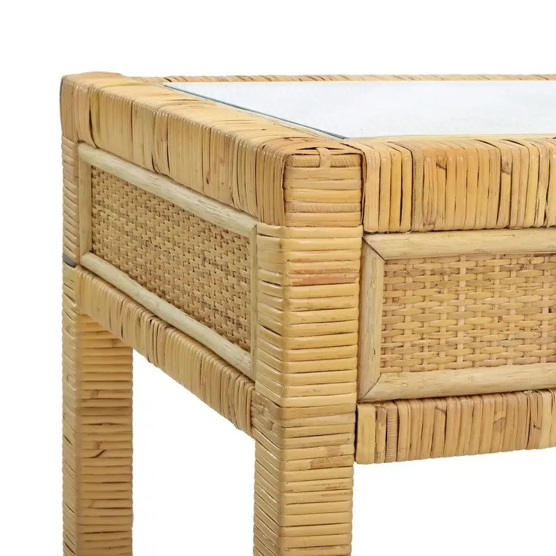 Bureau en rotin avec plateau en verre et tiroirs à fermeture douce