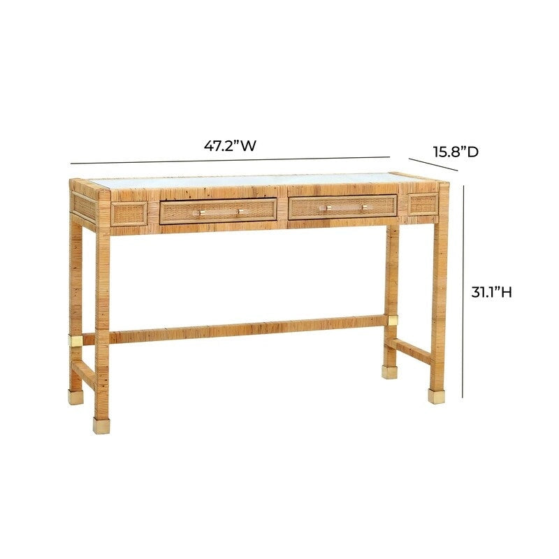 Bureau en rotin avec plateau en verre et tiroirs à fermeture douce