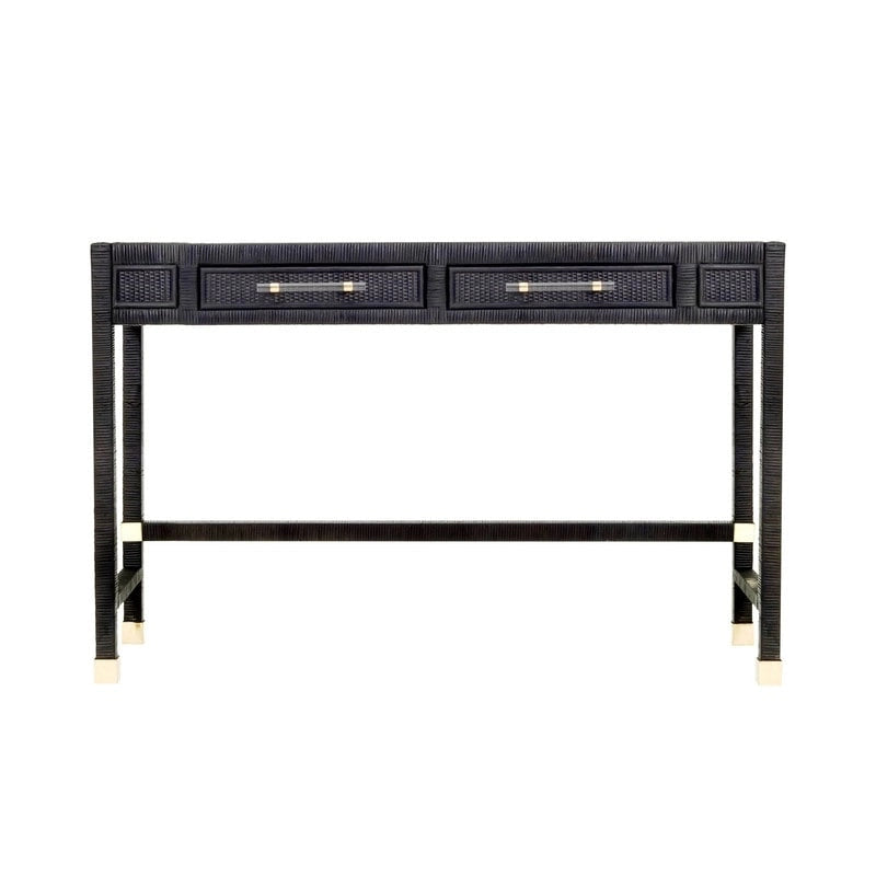 Bureau en rotin avec plateau en verre et tiroirs à fermeture douce