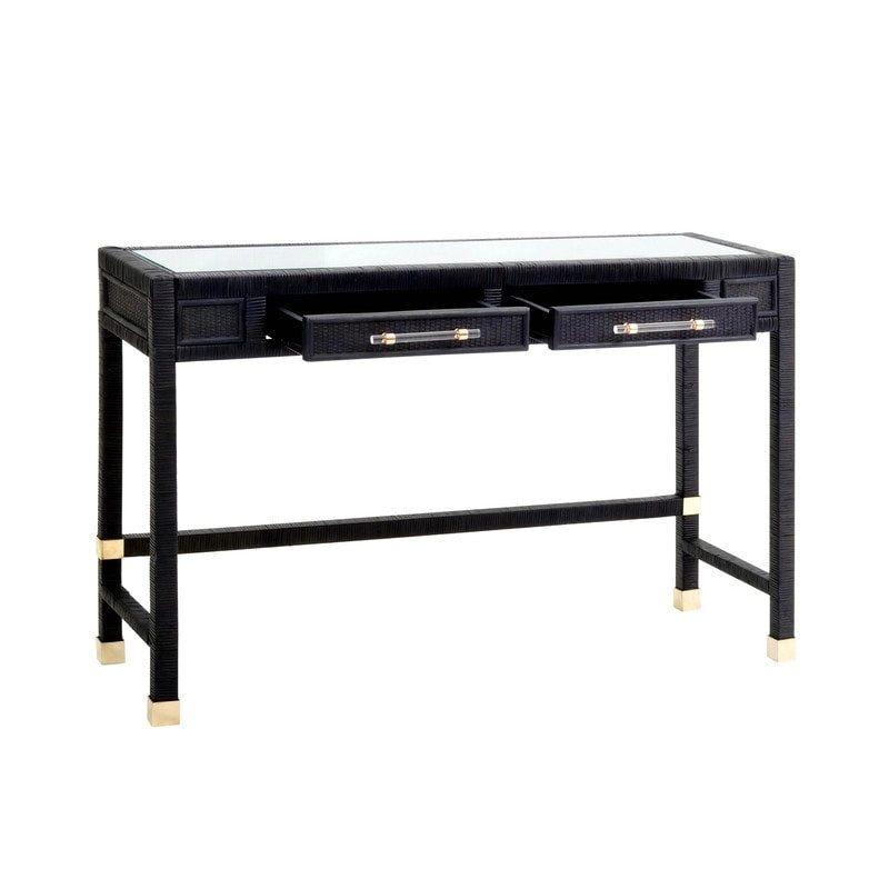 Bureau en rotin avec plateau en verre et tiroirs à fermeture douce
