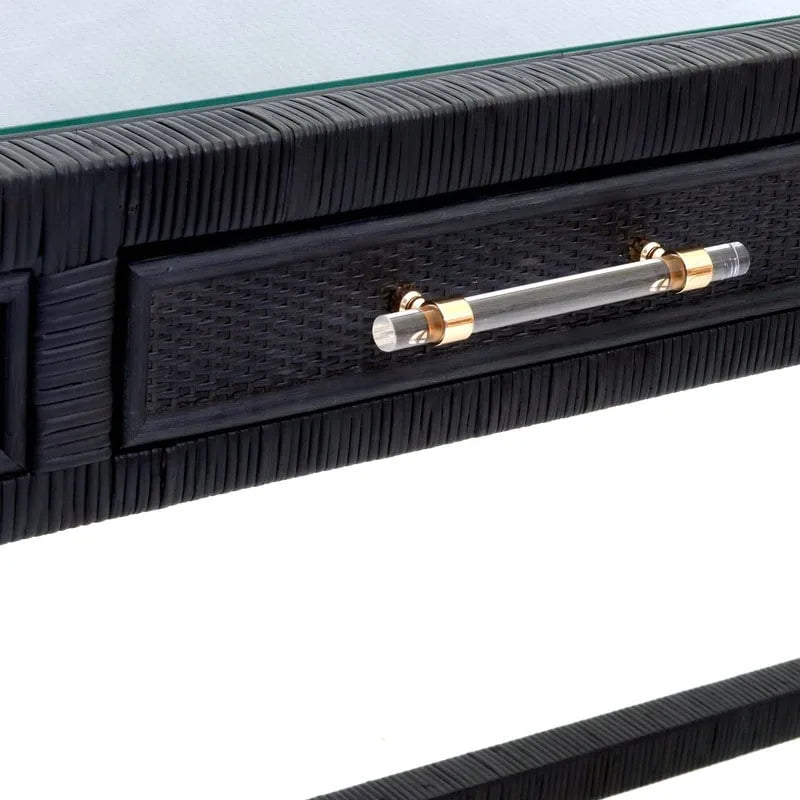 Bureau en rotin avec plateau en verre et tiroirs à fermeture douce