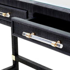 Bureau en rotin avec plateau en verre et tiroirs à fermeture douce