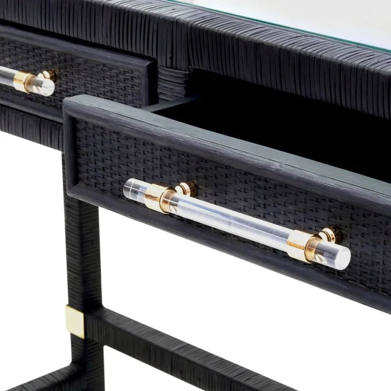 Bureau en rotin avec plateau en verre et tiroirs à fermeture douce