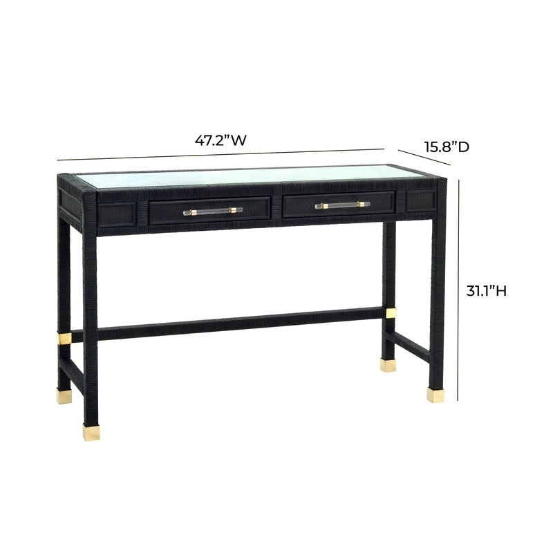 Bureau en rotin avec plateau en verre et tiroirs à fermeture douce