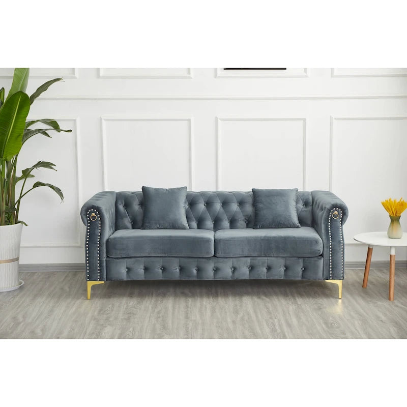 Canapé Chesterfield en velours avec capitonnage, accoudoirs évasés et clous décoratifs