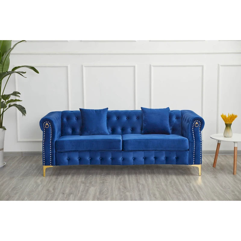 Canapé Chesterfield en velours avec capitonnage, accoudoirs évasés et clous décoratifs