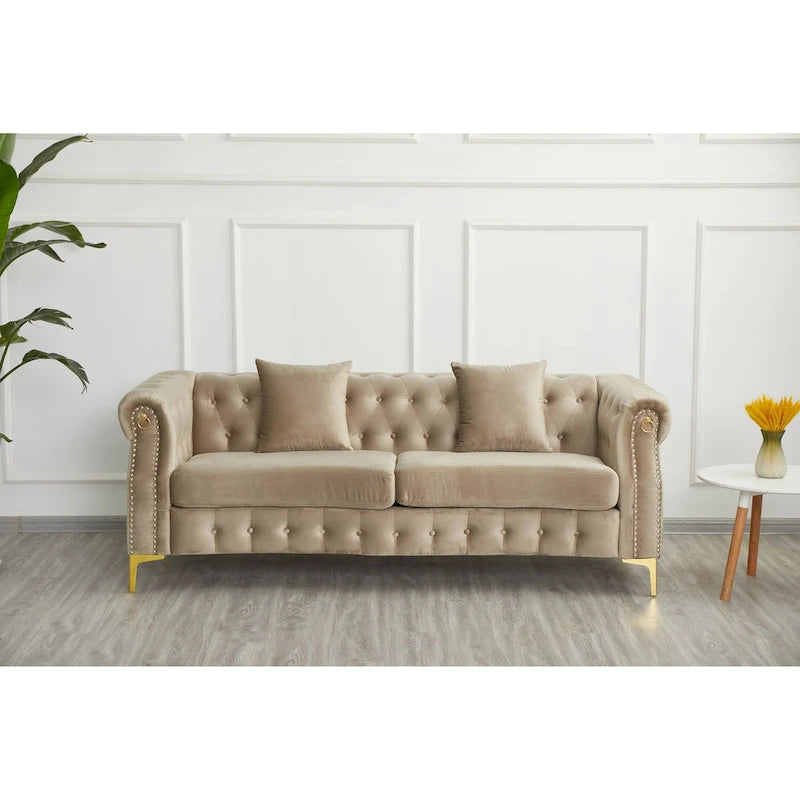 Canapé Chesterfield en velours avec capitonnage, accoudoirs évasés et clous décoratifs