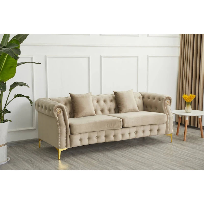 Canapé Chesterfield en velours avec capitonnage, accoudoirs évasés et clous décoratifs