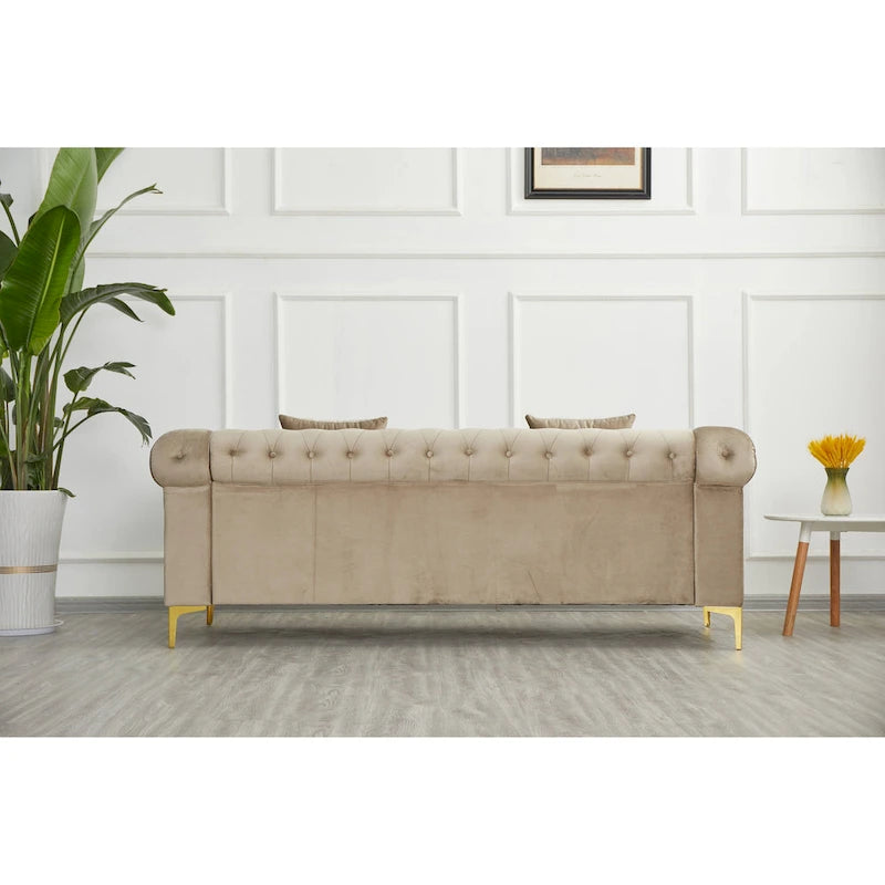 Canapé Chesterfield en velours avec capitonnage, accoudoirs évasés et clous décoratifs