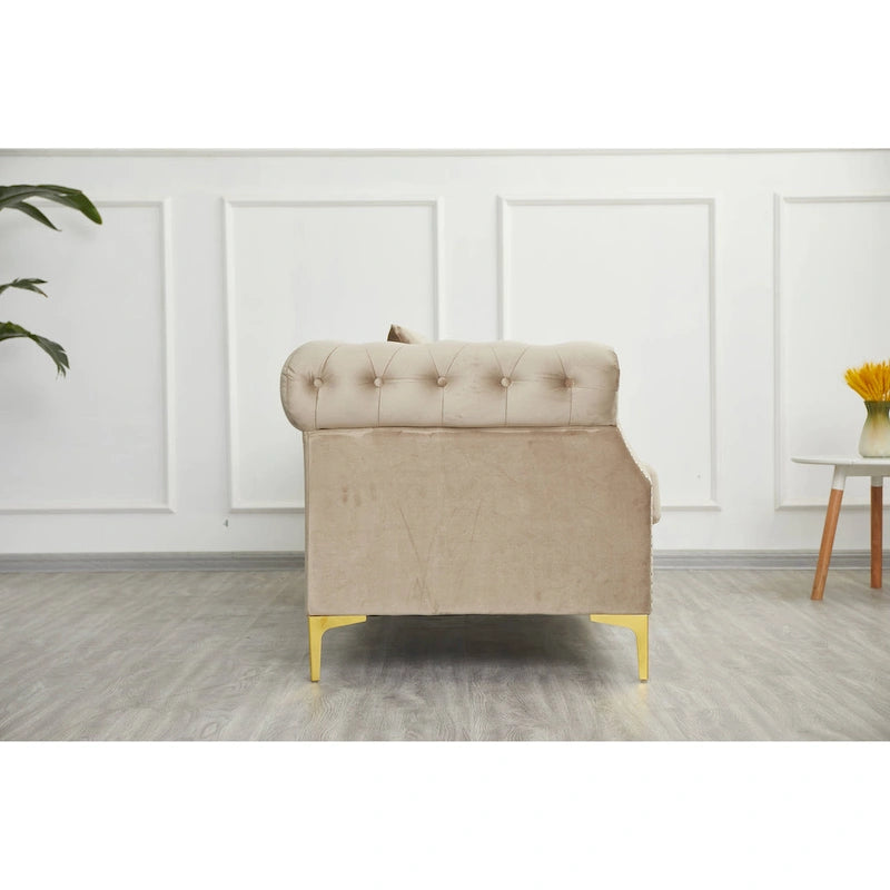 Canapé Chesterfield en velours avec capitonnage, accoudoirs évasés et clous décoratifs