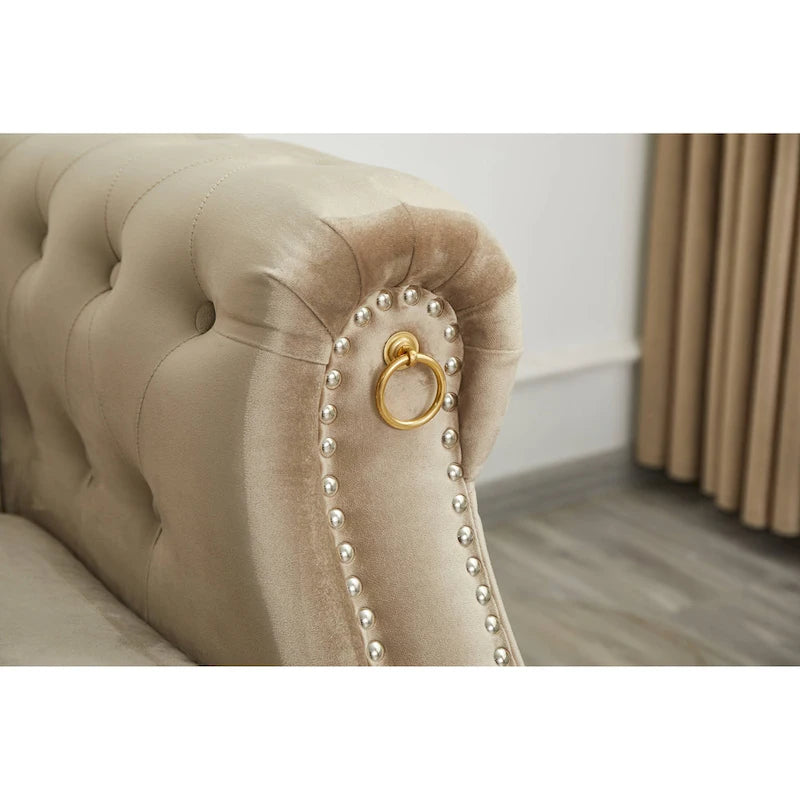 Canapé Chesterfield en velours avec capitonnage, accoudoirs évasés et clous décoratifs